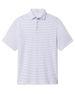 Short sleeve white polo with thin blue stripes, collar and three-button placket