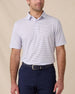 Men's Channel Stripe Golf Polo in White front view, featuring a fine blue stripe pattern and classic performance fit.