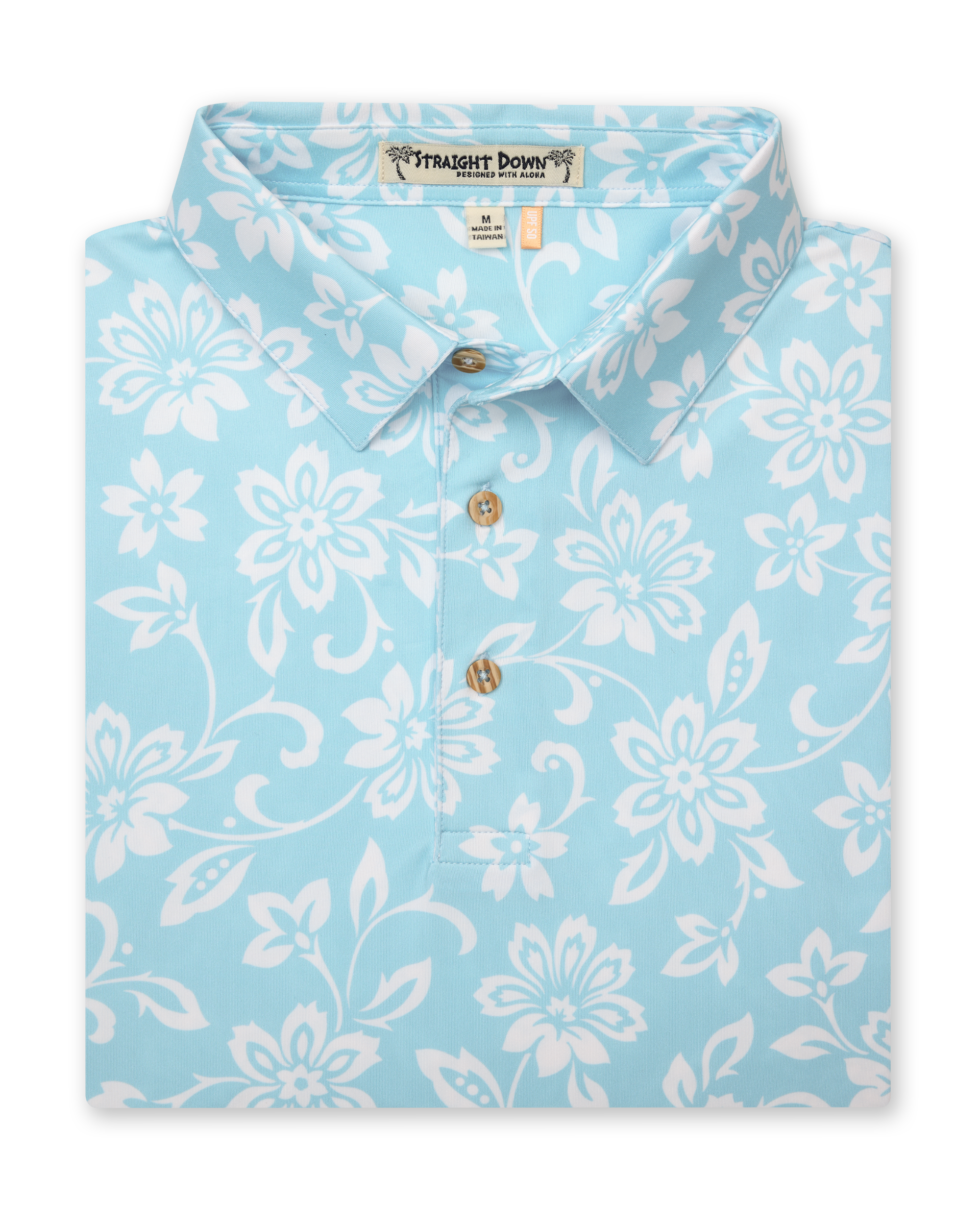 Men's Napali Coast Polo in Gemstone, folded flat lay front view featuring a light aqua blue short sleeve polo with an allover white Hawaiian floral and vine print, with natural wood-tone buttons