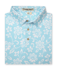 Men's Napali Coast Polo in Gemstone, folded flat lay front view featuring a light aqua blue short sleeve polo with an allover white Hawaiian floral and vine print, with natural wood-tone buttons