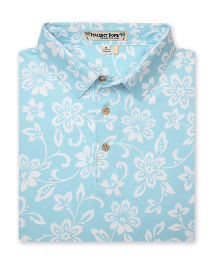 Men's Napali Coast Polo in Gemstone, folded flat lay front view featuring a light aqua blue short sleeve polo with an allover white Hawaiian floral and vine print, with natural wood-tone buttons