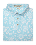 Men's Napali Coast Polo in Gemstone, folded flat lay front view featuring a light aqua blue short sleeve polo with an allover white Hawaiian floral and vine print, with natural wood-tone buttons