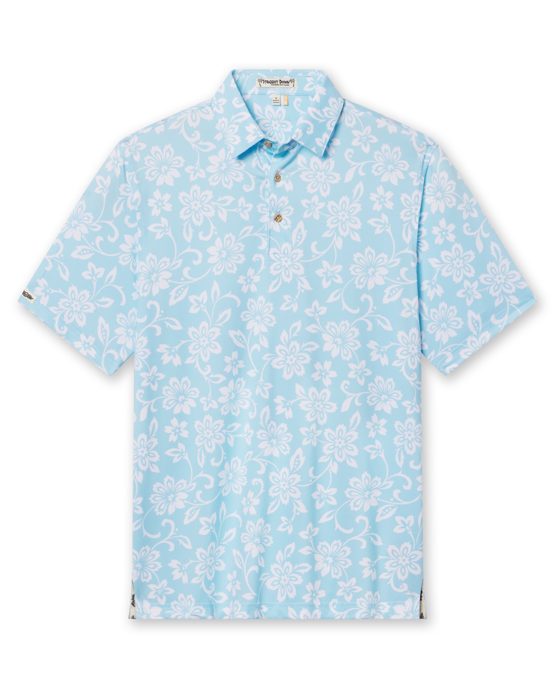 Men's Napali Coast Polo in Gemstone, flat lay front view featuring a light aqua blue short sleeve polo with an allover white Hawaiian floral and vine print