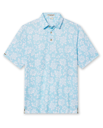 Men's Napali Coast Polo in Gemstone, flat lay front view featuring a light aqua blue short sleeve polo with an allover white Hawaiian floral and vine print