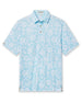 Men's Napali Coast Polo in Gemstone, flat lay front view featuring a light aqua blue short sleeve polo with an allover white Hawaiian floral and vine print