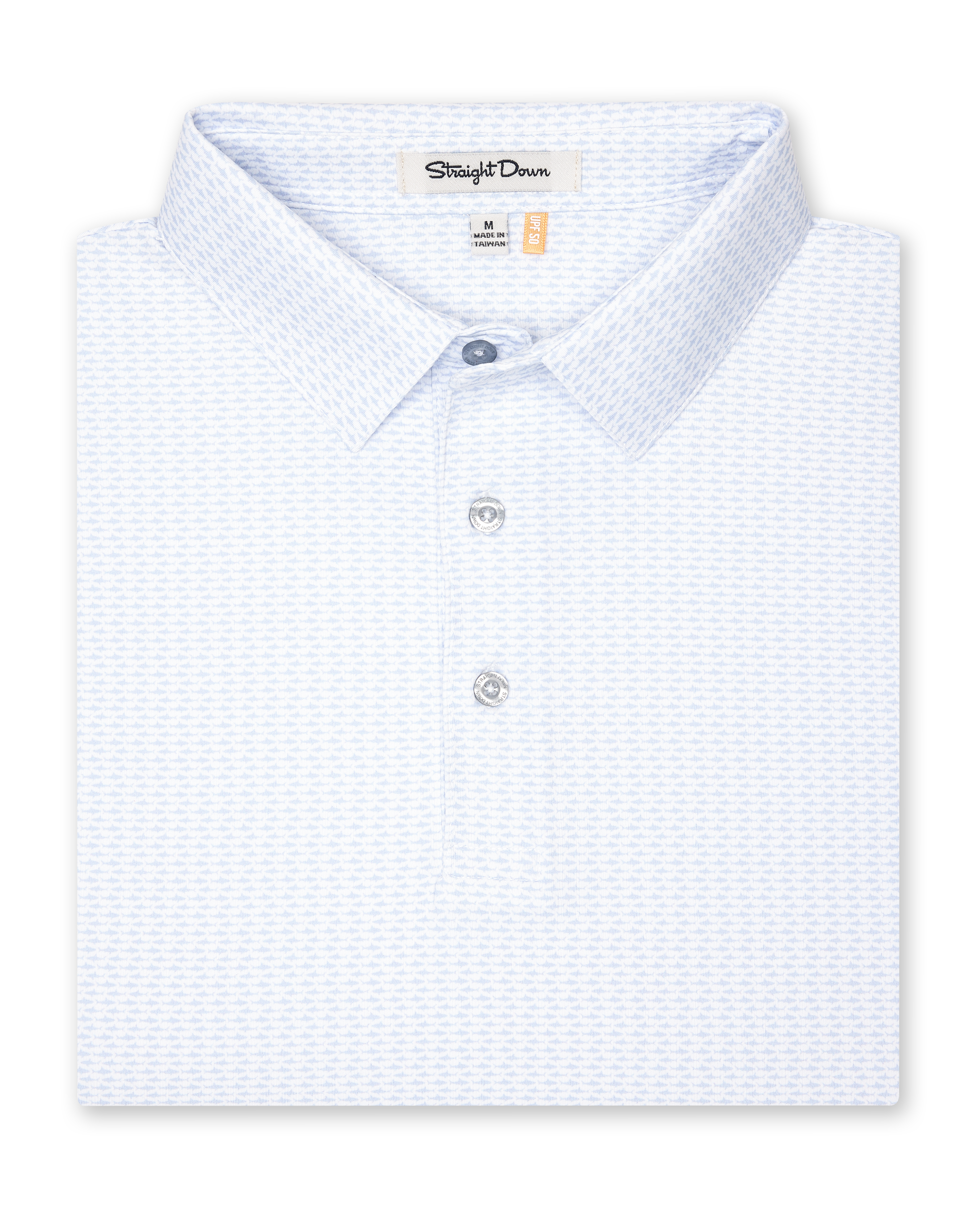 Men’s white golf polo with light blue shark print, folded with button placket