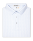 Men’s white golf polo with light blue shark print, folded with button placket