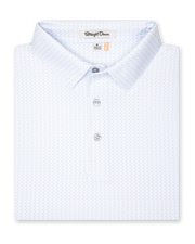 Men’s white golf polo with light blue shark print, folded with button placket