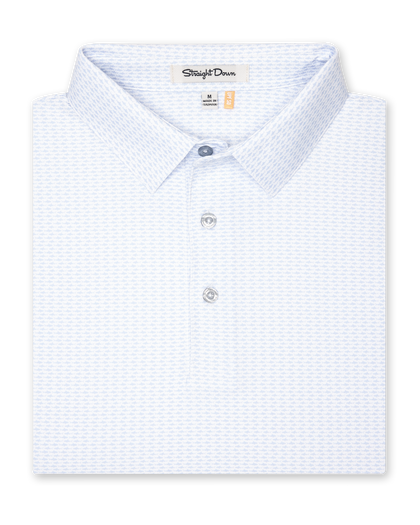 Men’s white golf polo with light blue shark print, folded with button placket