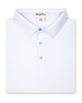 Men’s white golf polo with light blue shark print, folded with button placket