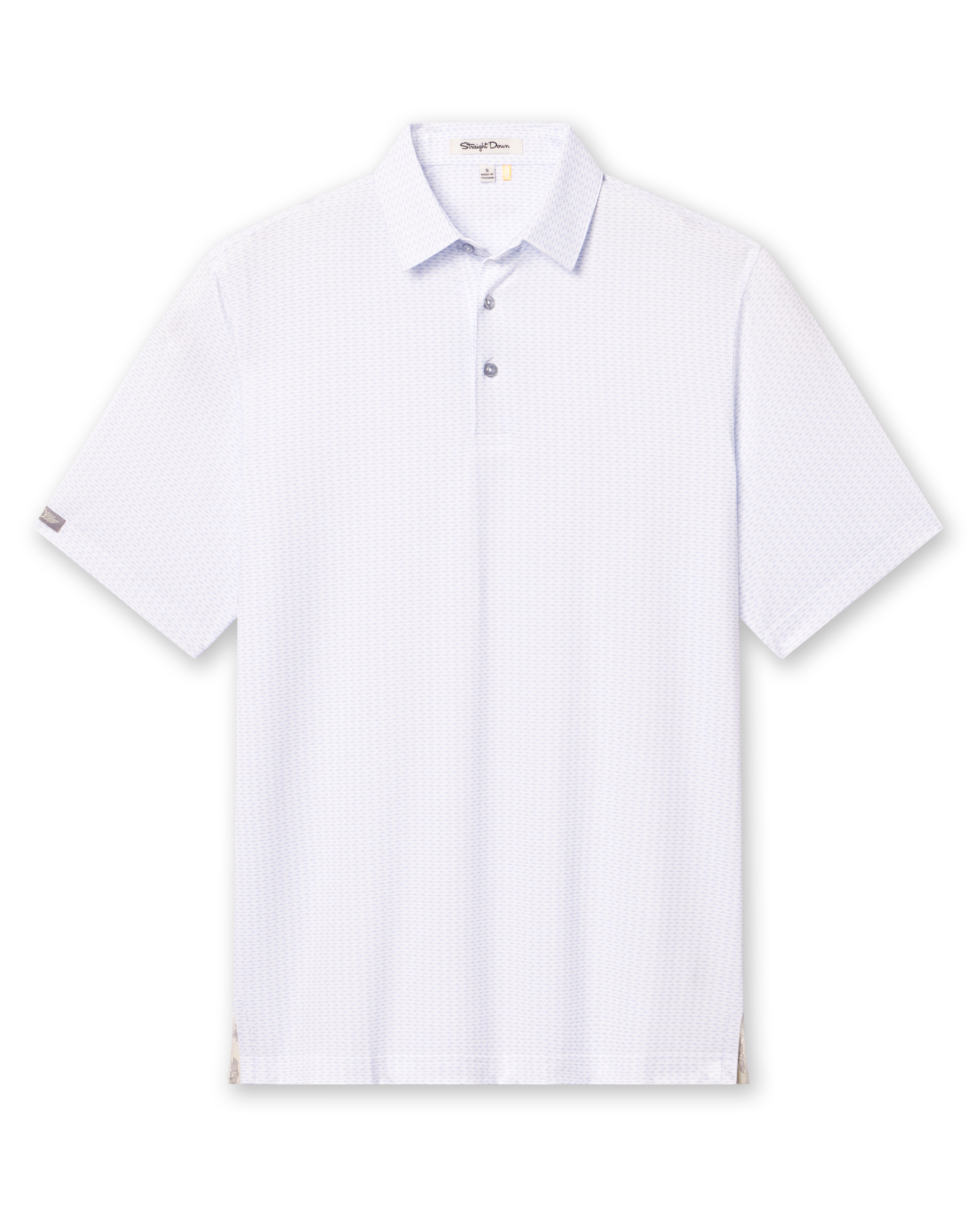 Men’s white short sleeve golf polo with subtle light blue shark pattern