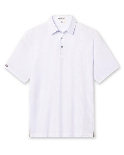 Men’s white short sleeve golf polo with subtle light blue shark pattern
