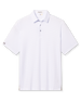 Men’s white short sleeve golf polo with subtle light blue shark pattern