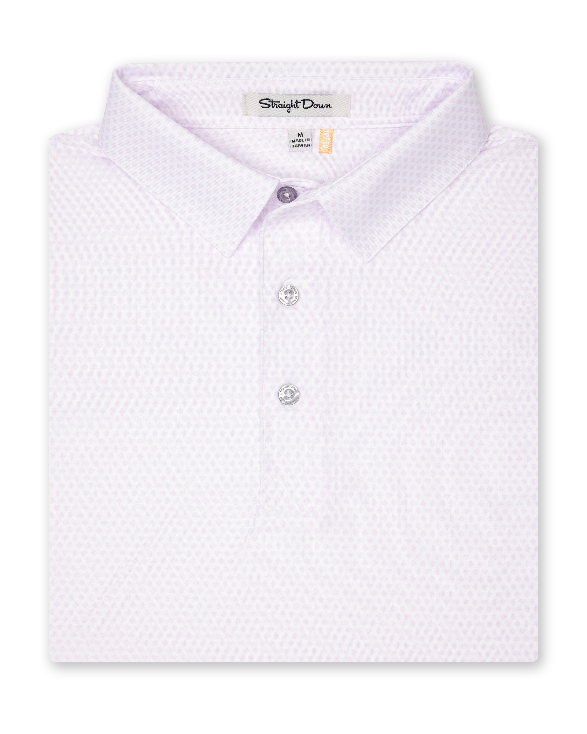 Men’s white polo shirt with subtle ace-of-spades print in lilac, folded with classic collar and button placket
