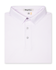 Men’s white polo shirt with subtle ace-of-spades print in lilac, folded with classic collar and button placket