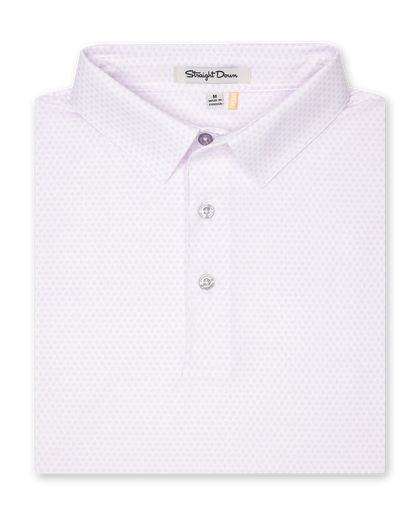 Men’s white polo shirt with subtle ace-of-spades print in lilac, folded with classic collar and button placket