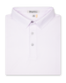Men’s white polo shirt with subtle ace-of-spades print in lilac, folded with classic collar and button placket