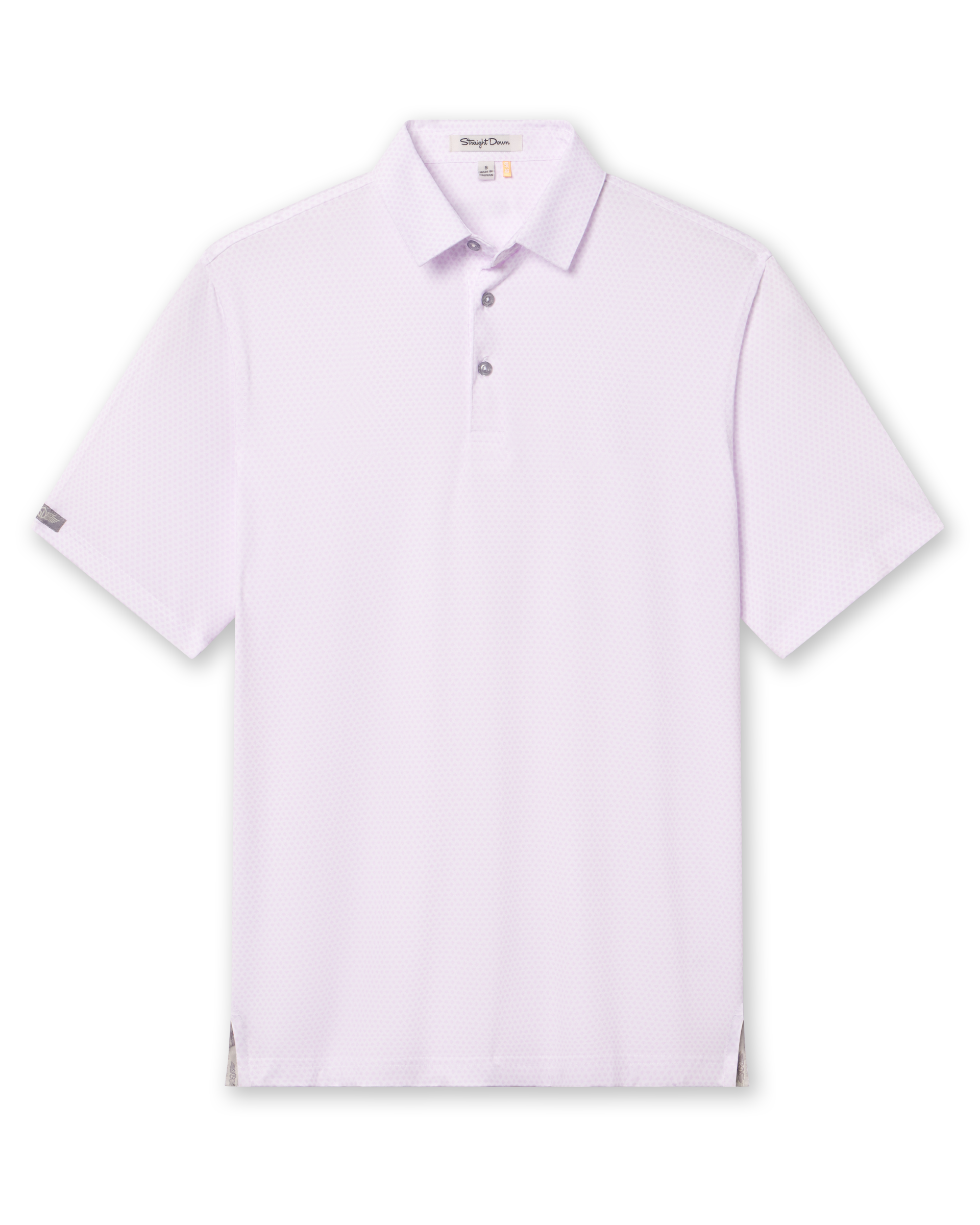 Men’s white short sleeve polo shirt with subtle ace-of-spades print in lilac