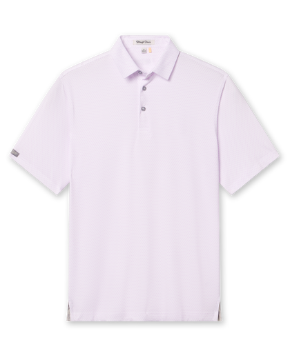 Men’s white short sleeve polo shirt with subtle ace-of-spades print in lilac