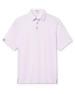 Men’s white short sleeve polo shirt with subtle ace-of-spades print in lilac