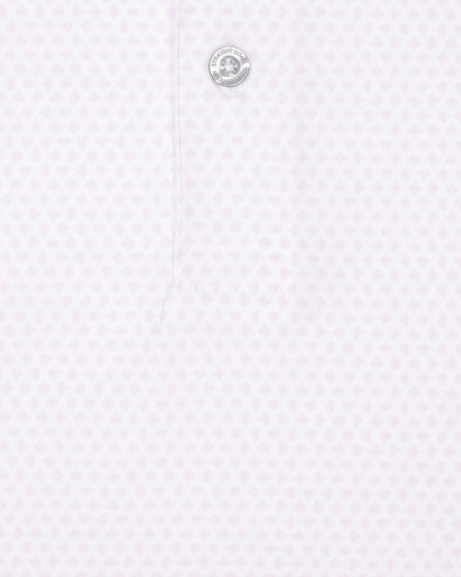 Close-up of polo fabric with subtle ace-of-spades print in lilac and button placket detail