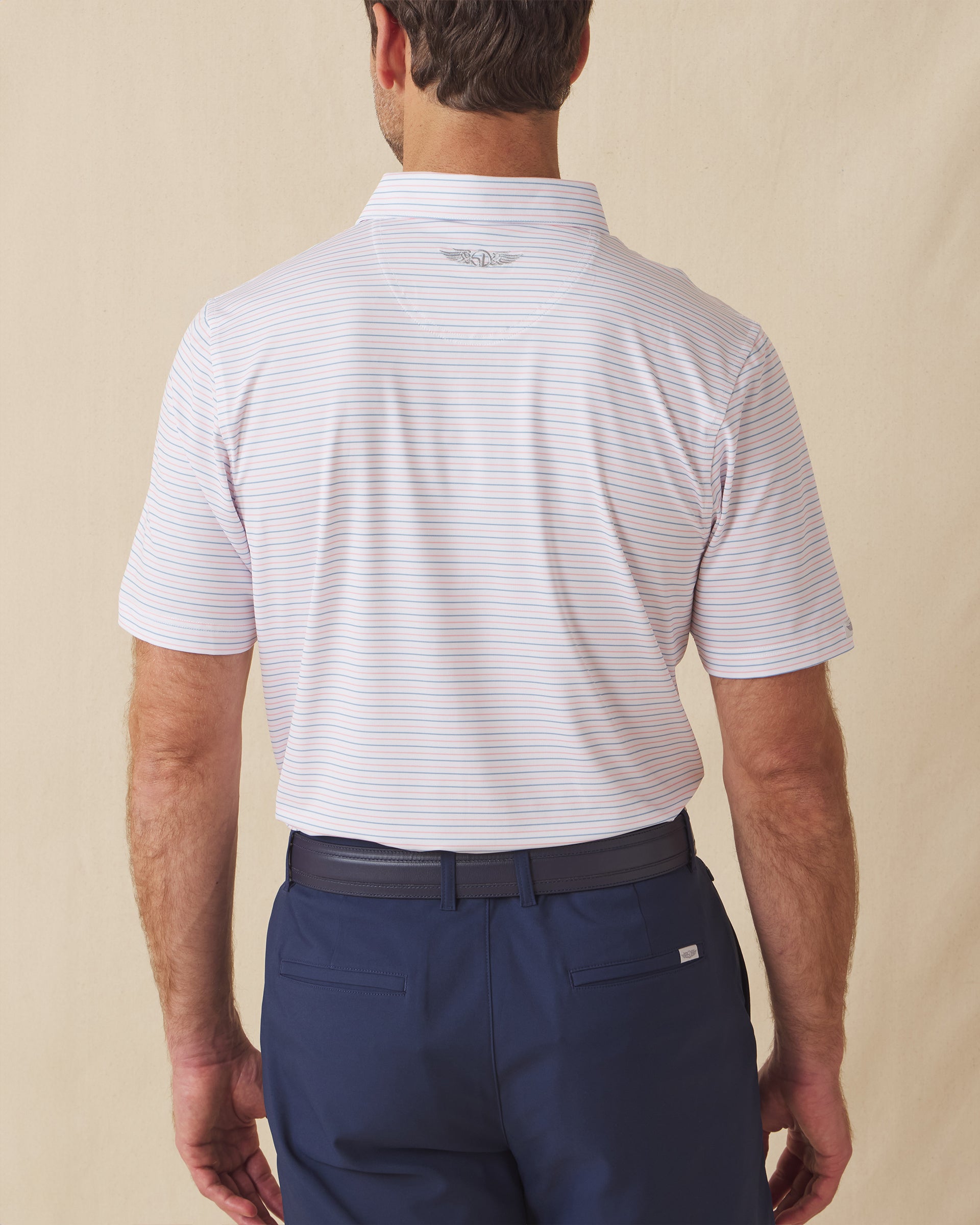 Men's Preserve Stripe Polo in Spritz, back model view featuring a white short sleeve polo with horizontal pink and blue pinstripes, with an embroidered Straight Down logo at the back collar