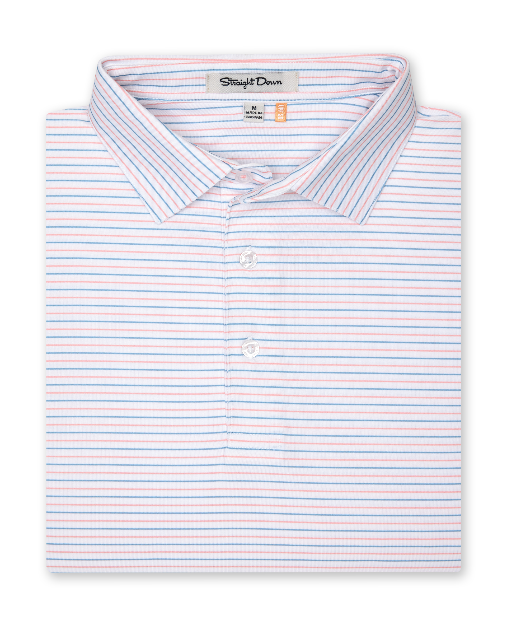 Men's Preserve Stripe Polo in Spritz, folded flat lay front view featuring a white short sleeve polo with horizontal pink and blue pinstripes, with a Straight Down label at the collar