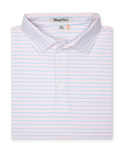 Men's Preserve Stripe Polo in Spritz, folded flat lay front view featuring a white short sleeve polo with horizontal pink and blue pinstripes, with a Straight Down label at the collar