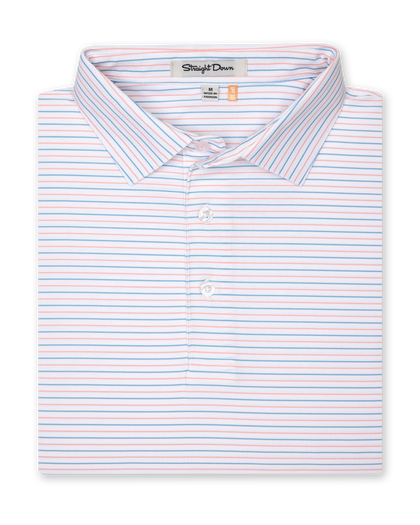 Men's Preserve Stripe Polo in Spritz, folded flat lay front view featuring a white short sleeve polo with horizontal pink and blue pinstripes, with a Straight Down label at the collar