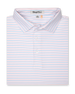 Men's Preserve Stripe Polo in Spritz, folded flat lay front view featuring a white short sleeve polo with horizontal pink and blue pinstripes, with a Straight Down label at the collar