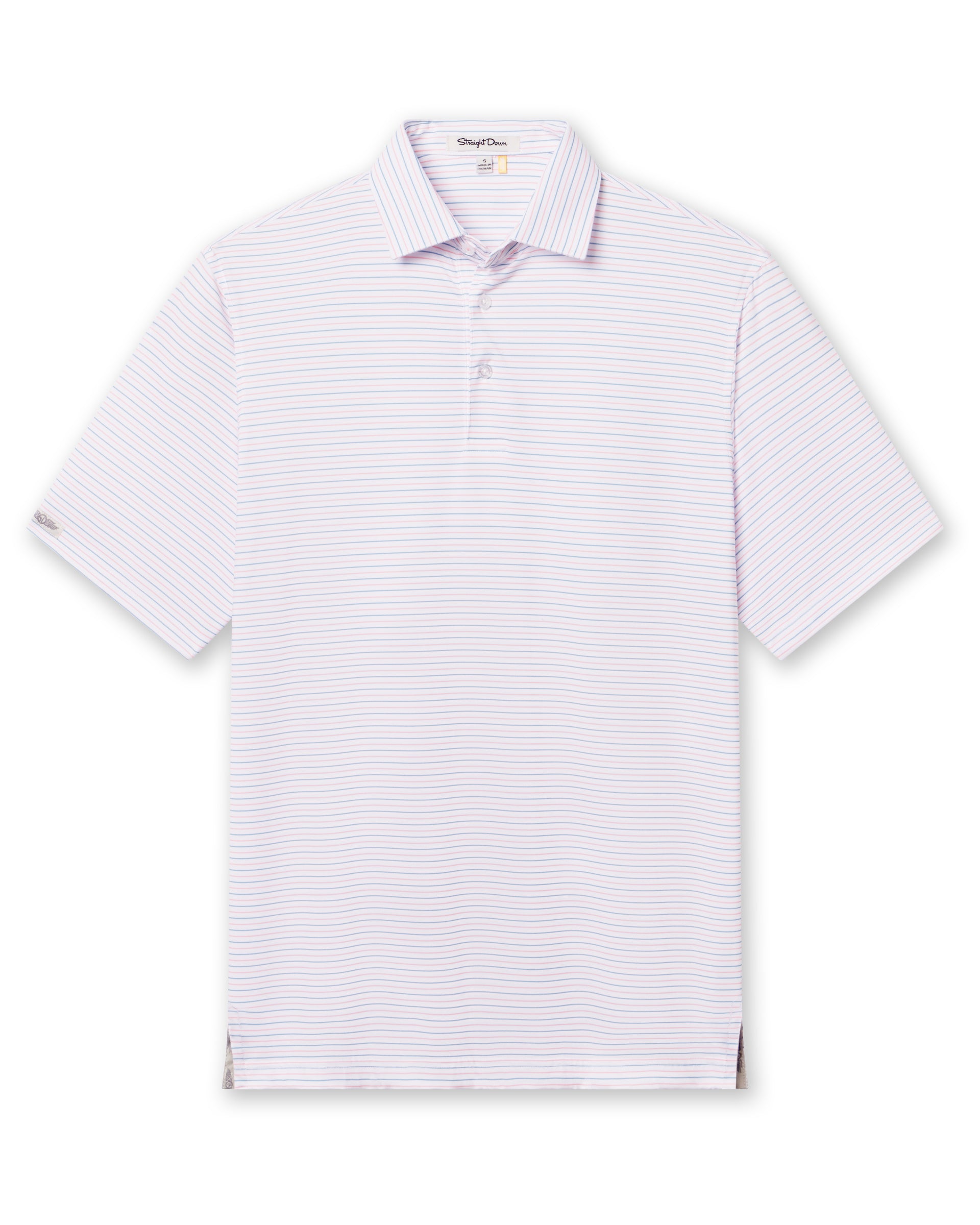Men's Preserve Stripe Polo in Spritz, flat lay front view featuring a white short sleeve polo with horizontal pink and blue pinstripes