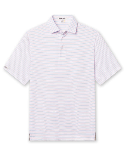 Men's Preserve Stripe Polo in Spritz, flat lay front view featuring a white short sleeve polo with horizontal pink and blue pinstripes