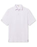 Men's Preserve Stripe Polo in Spritz, flat lay front view featuring a white short sleeve polo with horizontal pink and blue pinstripes