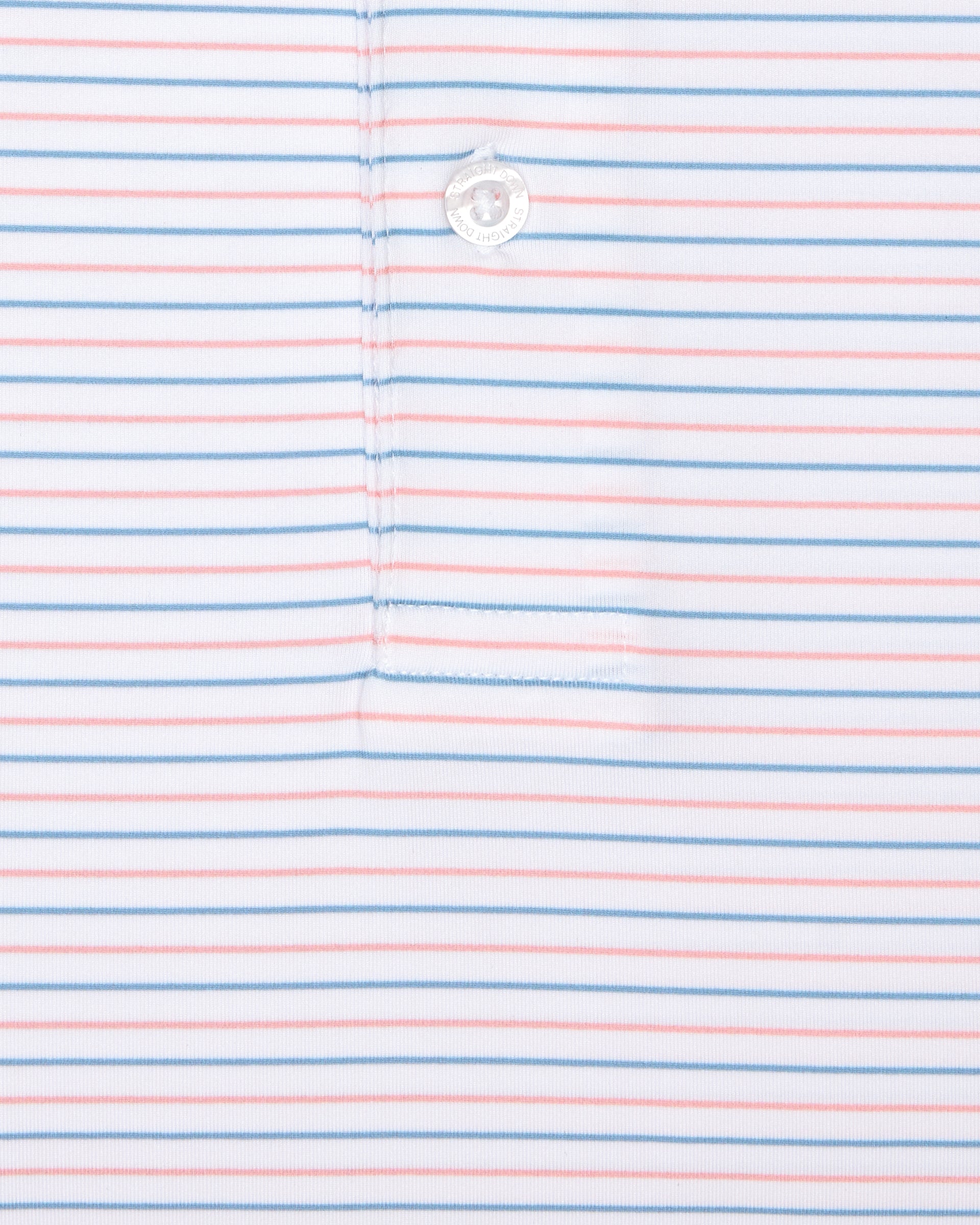 Men's Preserve Stripe Polo in Spritz, close-up fabric detail view featuring horizontal pink and blue pinstripes on a white performance fabric with a Straight Down logo button