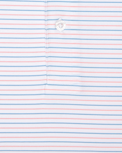 Men's Preserve Stripe Polo in Spritz, close-up fabric detail view featuring horizontal pink and blue pinstripes on a white performance fabric with a Straight Down logo button