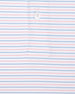 Men's Preserve Stripe Polo in Spritz, close-up fabric detail view featuring horizontal pink and blue pinstripes on a white performance fabric with a Straight Down logo button