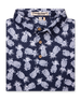 Men's Pineapple Express Polo in New Indigo, folded flat lay front view featuring a navy and white pineapple print with wood buttons