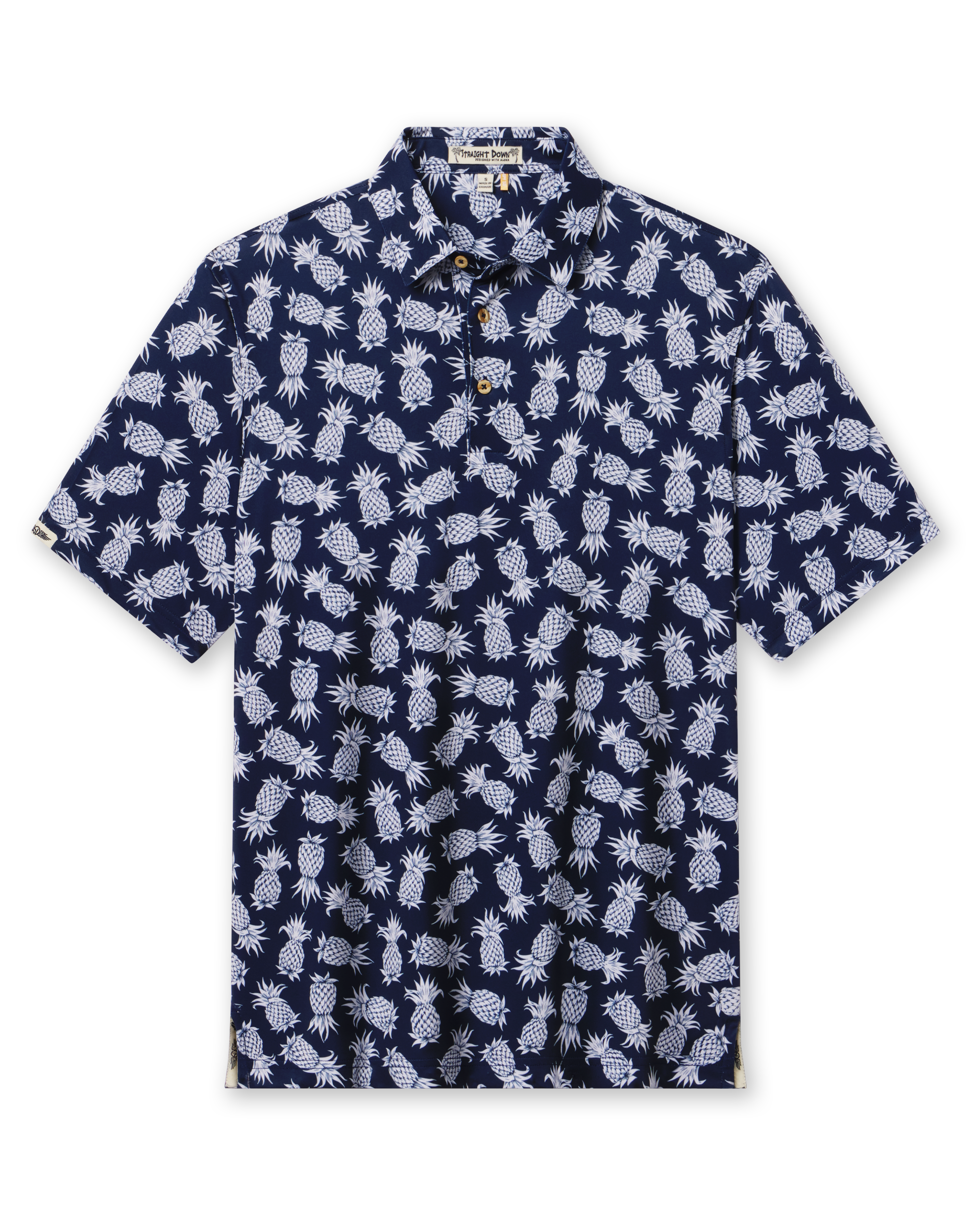 Men's Pineapple Express Polo in New Indigo, flat lay front view featuring a navy and white pineapple print with wood buttons and Straight Down logo sleeve label