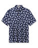 Men's Pineapple Express Polo in New Indigo, flat lay front view featuring a navy and white pineapple print with wood buttons and Straight Down logo sleeve label
