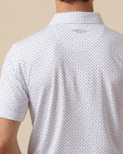 Back view detail of white geometric print polo shirt featuring logo below the collar