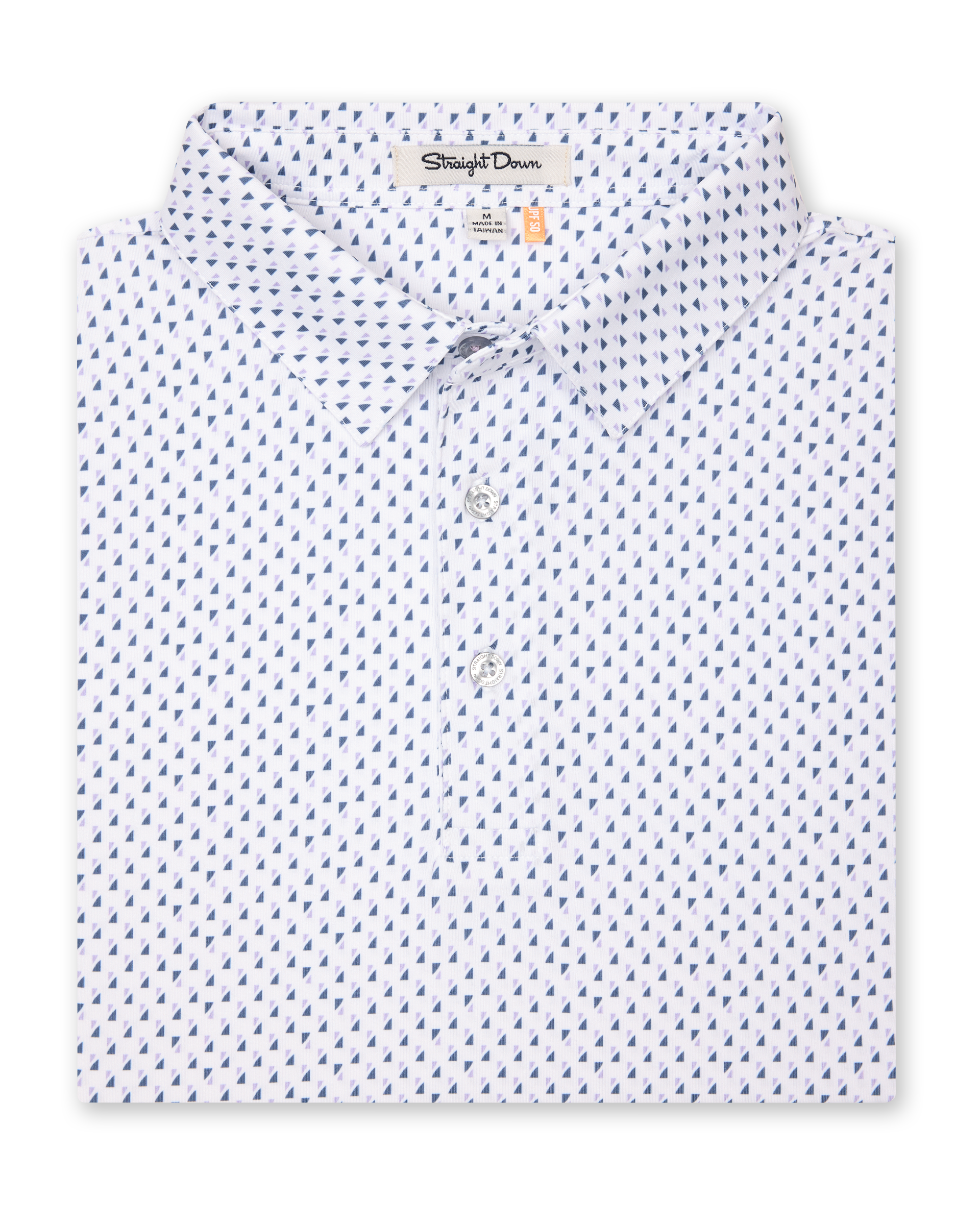 folded flat lay front view of Men’s white polo shirt with small geometric print paired with tan pants and a brown leather belt