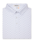 folded flat lay front view of Men’s white polo shirt with small geometric print paired with tan pants and a brown leather belt