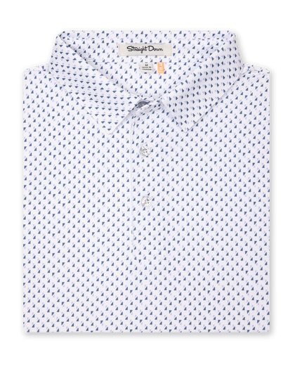 folded flat lay front view of Men’s white polo shirt with small geometric print paired with tan pants and a brown leather belt
