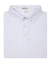 folded flat lay front view of Men’s white polo shirt with small geometric print paired with tan pants and a brown leather belt
