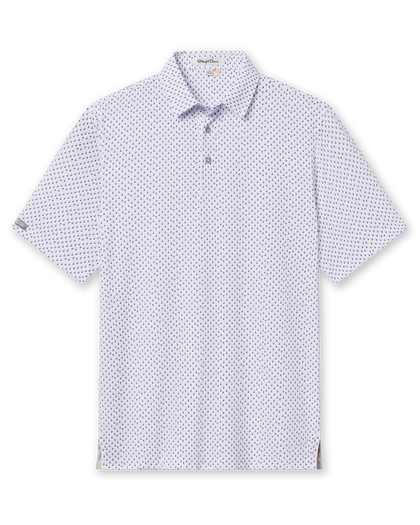 Men's Woodhaven Polo in Moonlight, flat lay front view featuring a white short sleeve polo with an all-over repeating geometric triangle print in navy and lavender