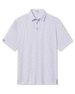 Men's Woodhaven Polo in Moonlight, flat lay front view featuring a white short sleeve polo with an all-over repeating geometric triangle print in navy and lavender