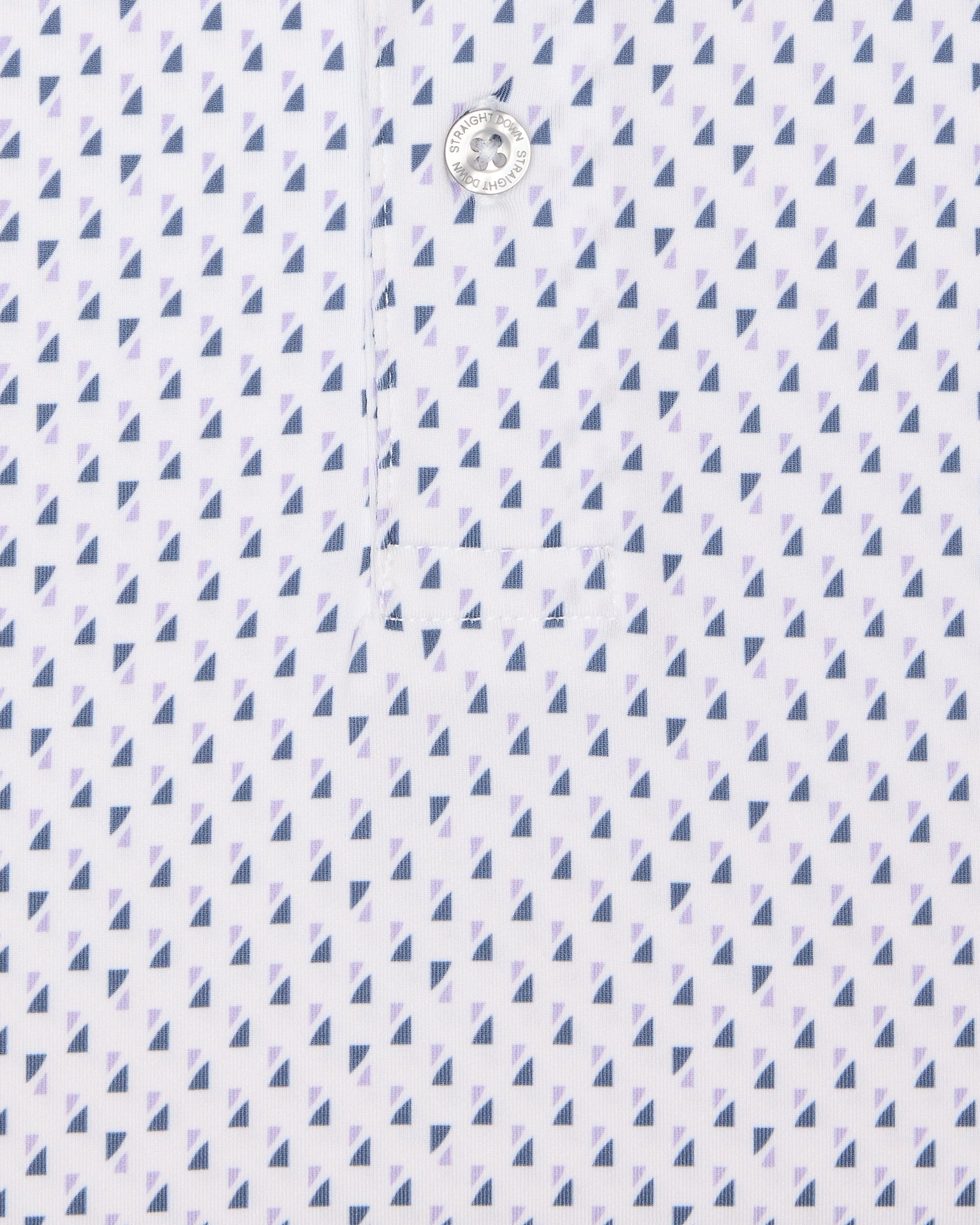 Men's Woodhaven Polo in Moonlight, close-up flat lay view featuring a white fabric with an all-over repeating geometric triangle print in navy and lavender with a visible button placket detail