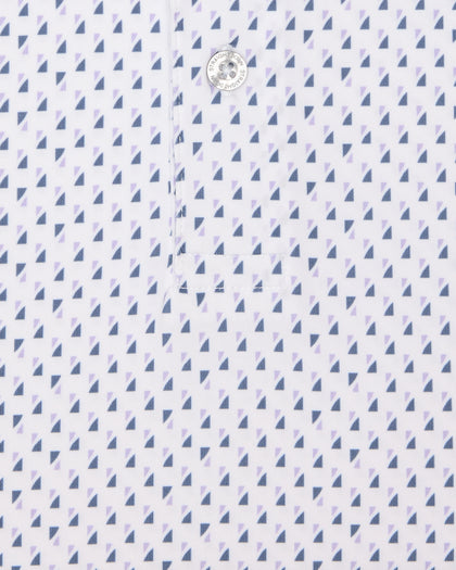 Men's Woodhaven Polo in Moonlight, close-up flat lay view featuring a white fabric with an all-over repeating geometric triangle print in navy and lavender with a visible button placket detail