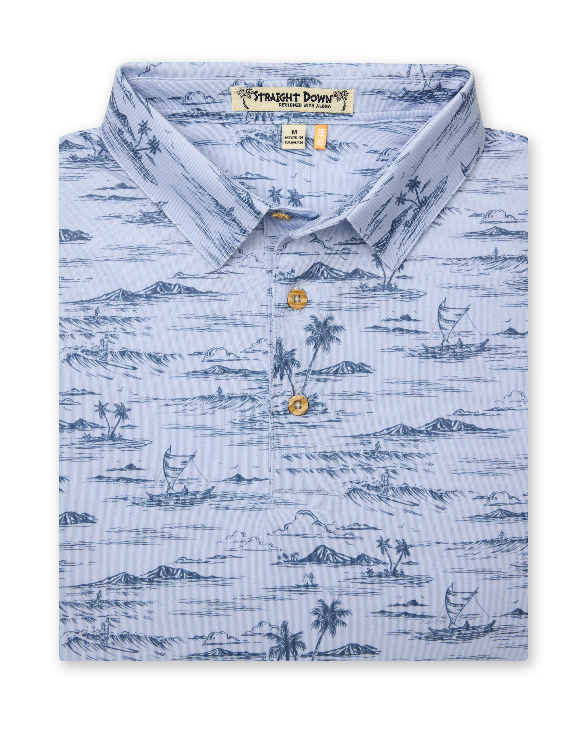 Men's Outrigger Polo in Powder, folded flat lay front view featuring a light blue Hawaiian toile print with palm trees, waves, and outrigger canoes with wood buttons