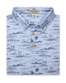 Men's Outrigger Polo in Powder, folded flat lay front view featuring a light blue Hawaiian toile print with palm trees, waves, and outrigger canoes with wood buttons
